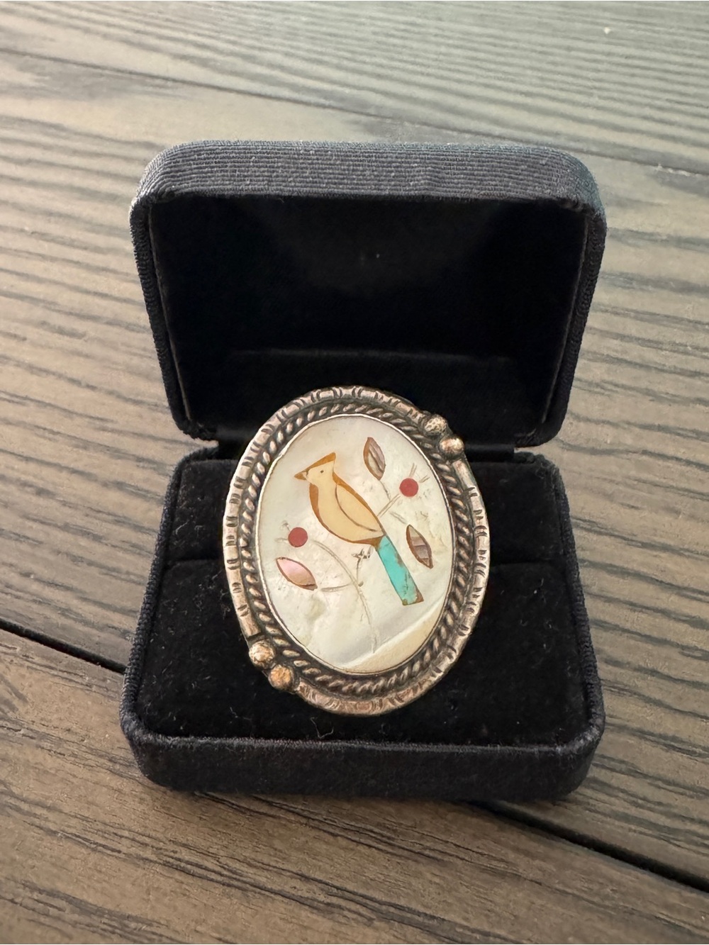 Vintage Zuni Style Bird Inlay Sterling Silver Ring Sz 6.5 12.2g